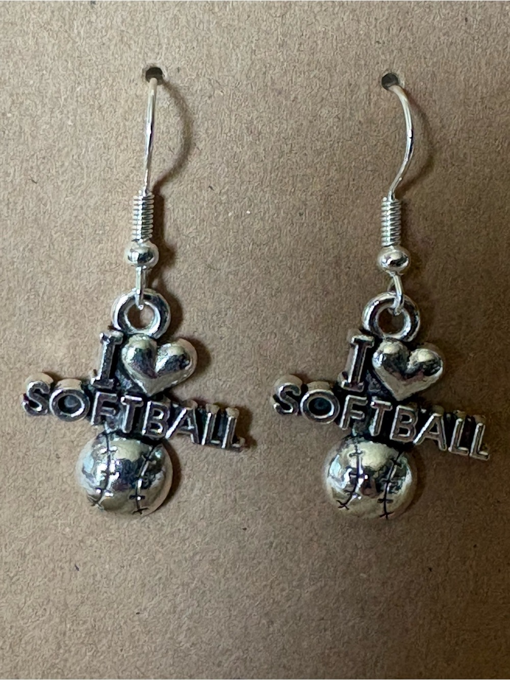 I Love Softball Silver Dangle Earrings